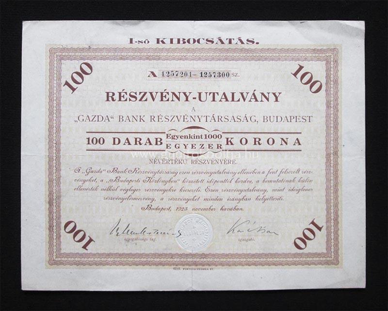 Gazda Bank rszvnyutalvny 100x1000 korona 1923
